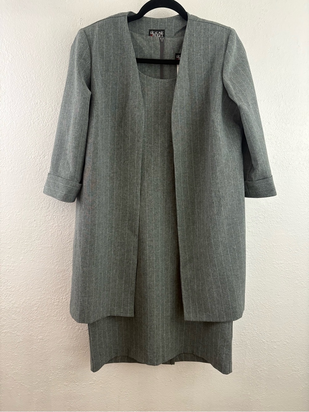 Helen Blake gray pinstripe set longline blazer rolled cuffs sheath dress size 8P